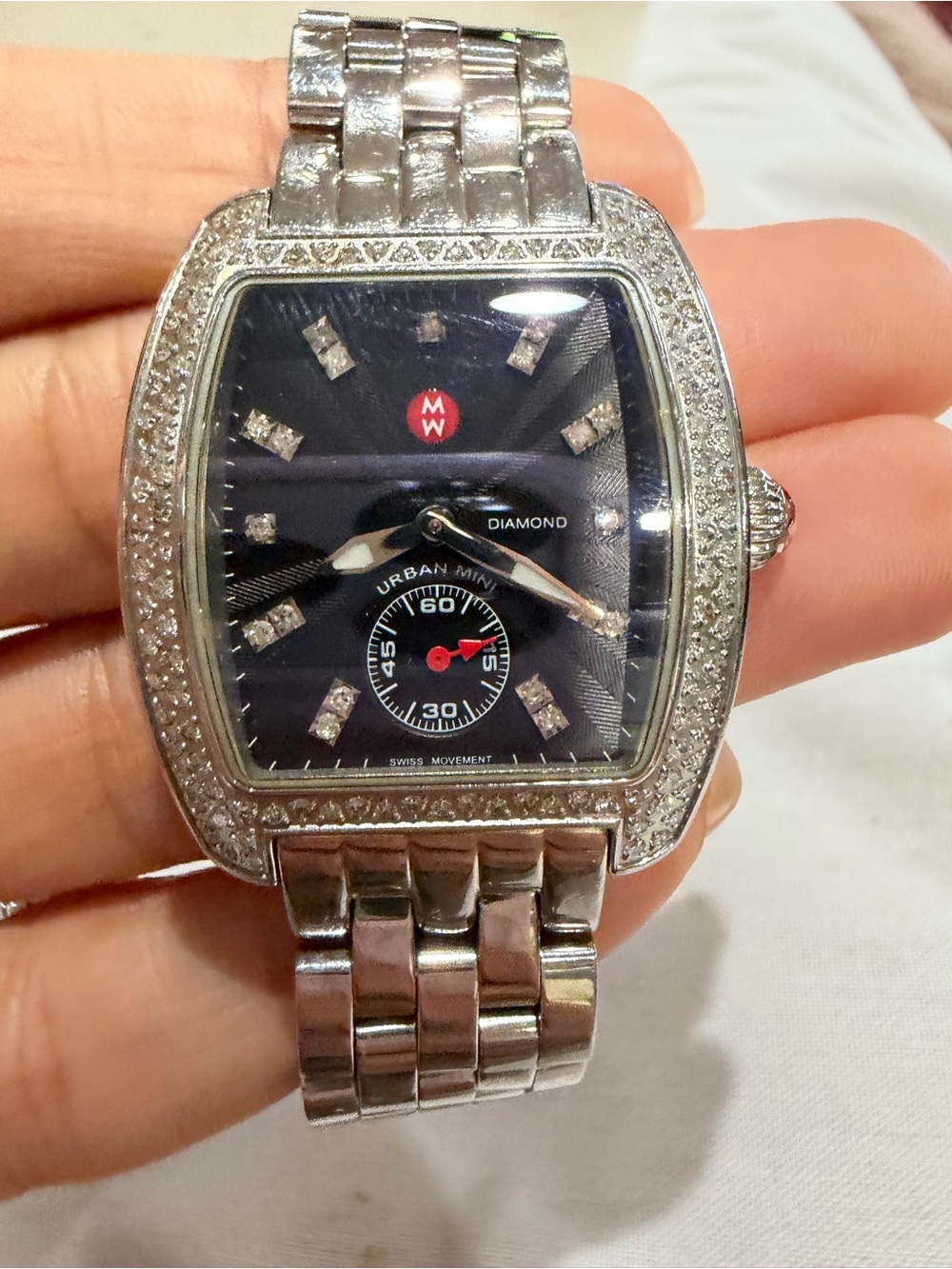 Michele Diamond-Set Stainless Steel Tonneau Watch — Black Dial - Picture 12 of 13